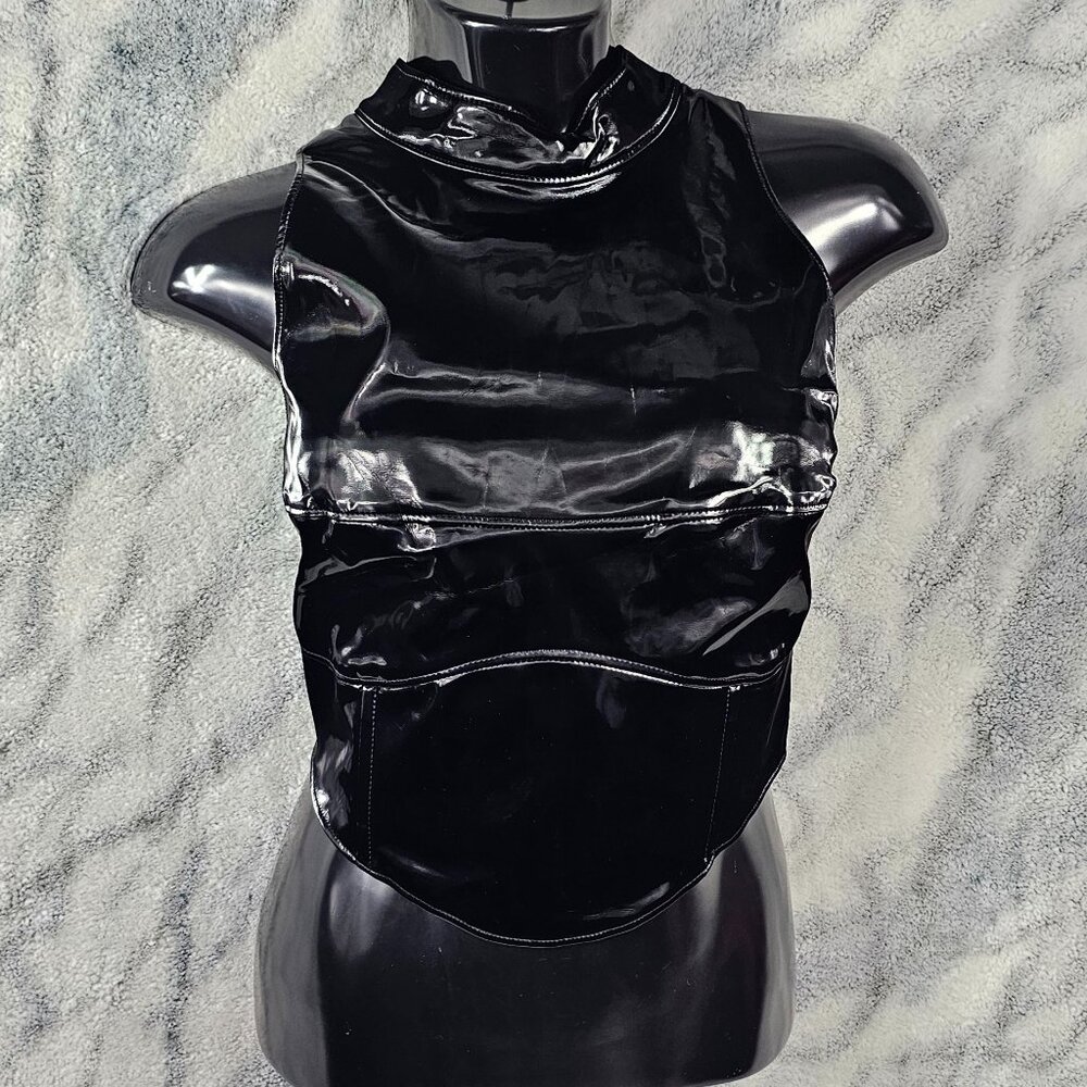 Dolls Kill Darker Wavs XXL Black Diatonic Mock Neck Vinyl Liquid Velvet Tank